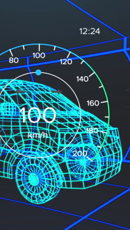 animación del velocímetro, el gps y los datos del estado de carga en la interfaz del vehículo, en un modelo de furgoneta 3d