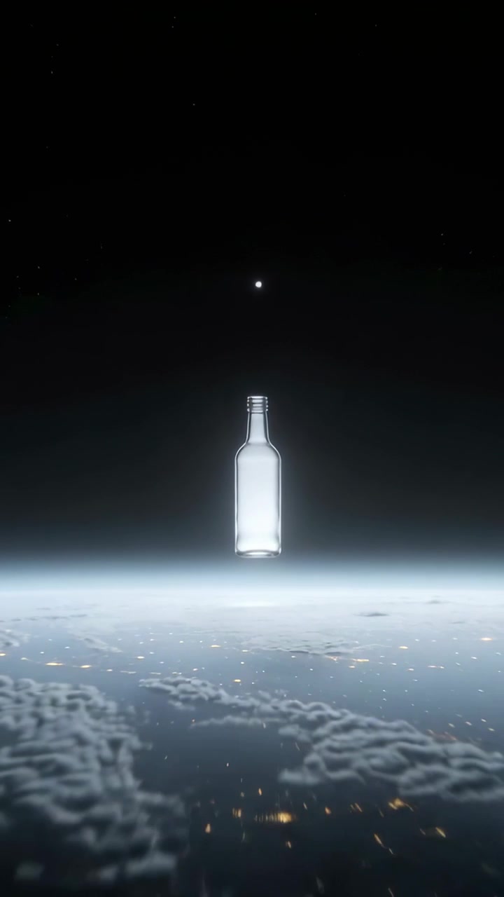 Video vertical: Cámara alejándose, botella de vidrio iluminada flotando sobre el limbo de la Tierra, con una estrella.