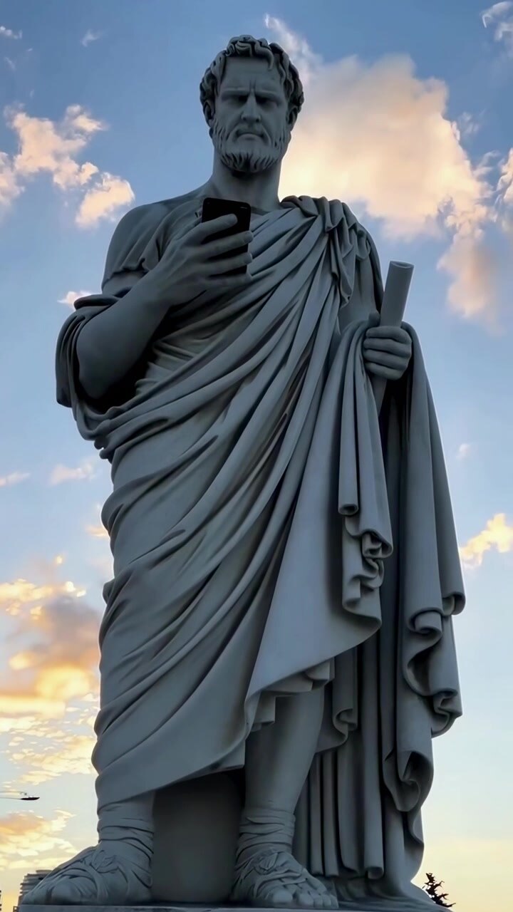 Statua di un uomo romano antico che tiene uno smartphone al tramonto