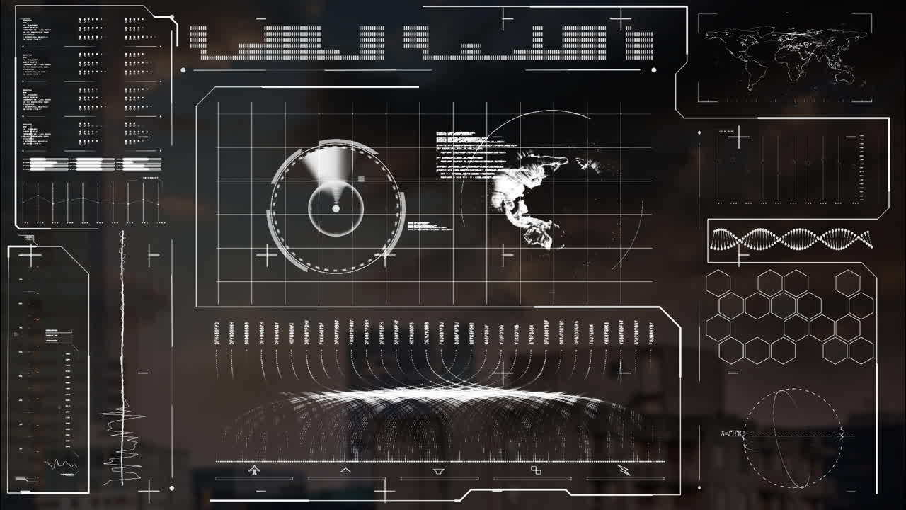 Animation of map, globe, loading bars, soundwave over modern buildings against cloudy sky