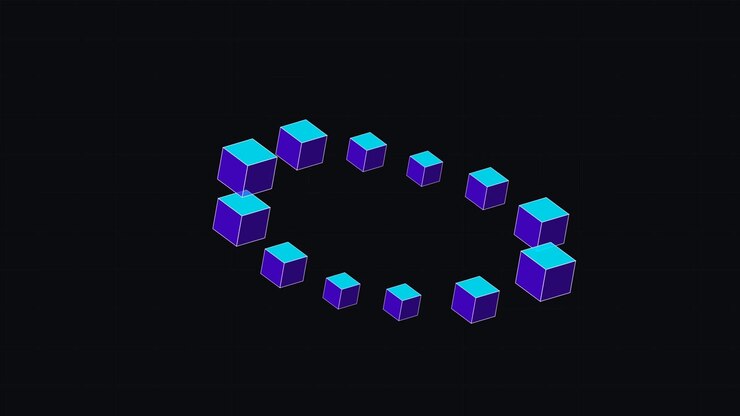Abstract Animation of Glowing Blue Cubes Rotating in a Circle