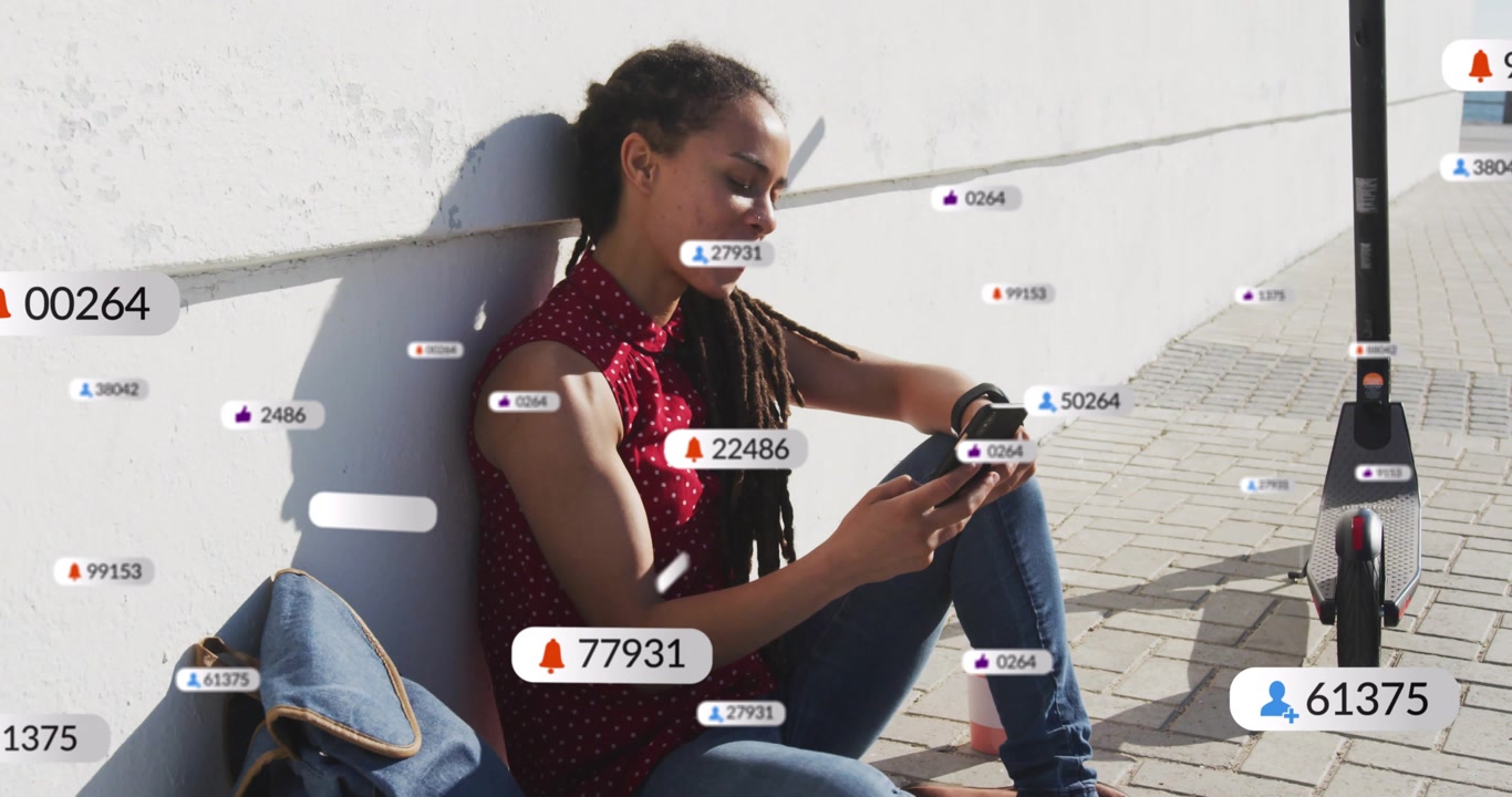 Social media creator settling on sidewalk and scrolling phone, spawning alerts with counts rising