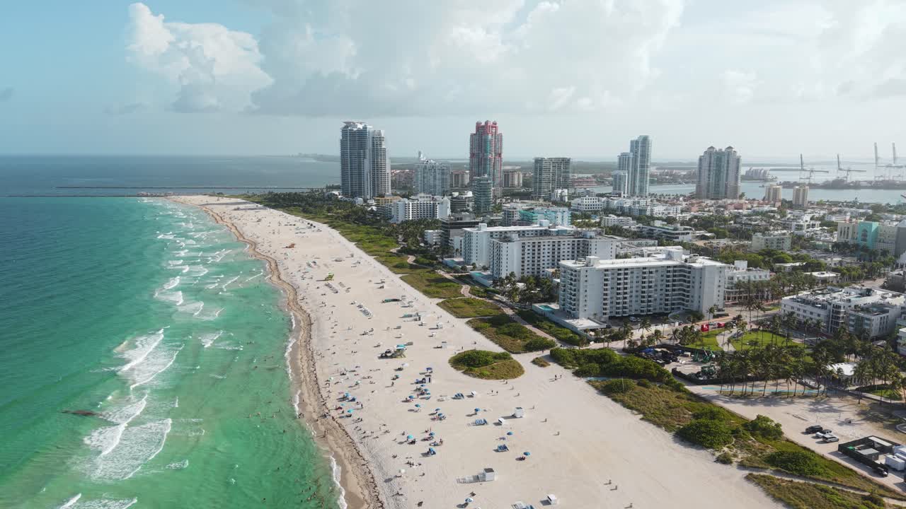 Aerial View of Miami Beach, Florida USA, Ocean Waves, Parks and Buildings