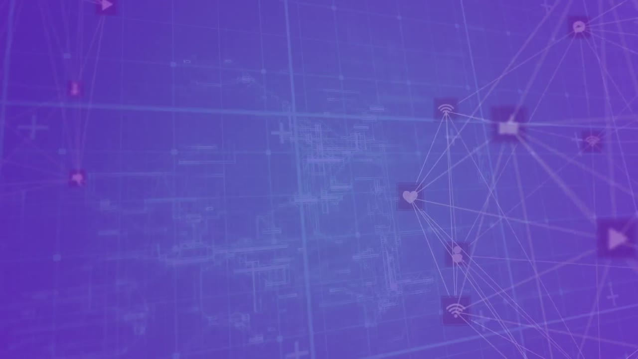 animación de formas verdes sobre redes de conexiones con íconos en fondo azul