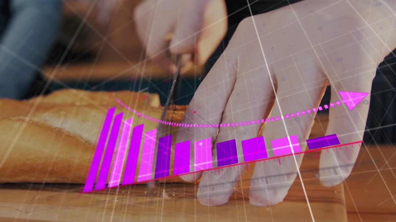 Upon holographic bars emerging, hand slicing loaf while chart updating, tracking cutting metrics