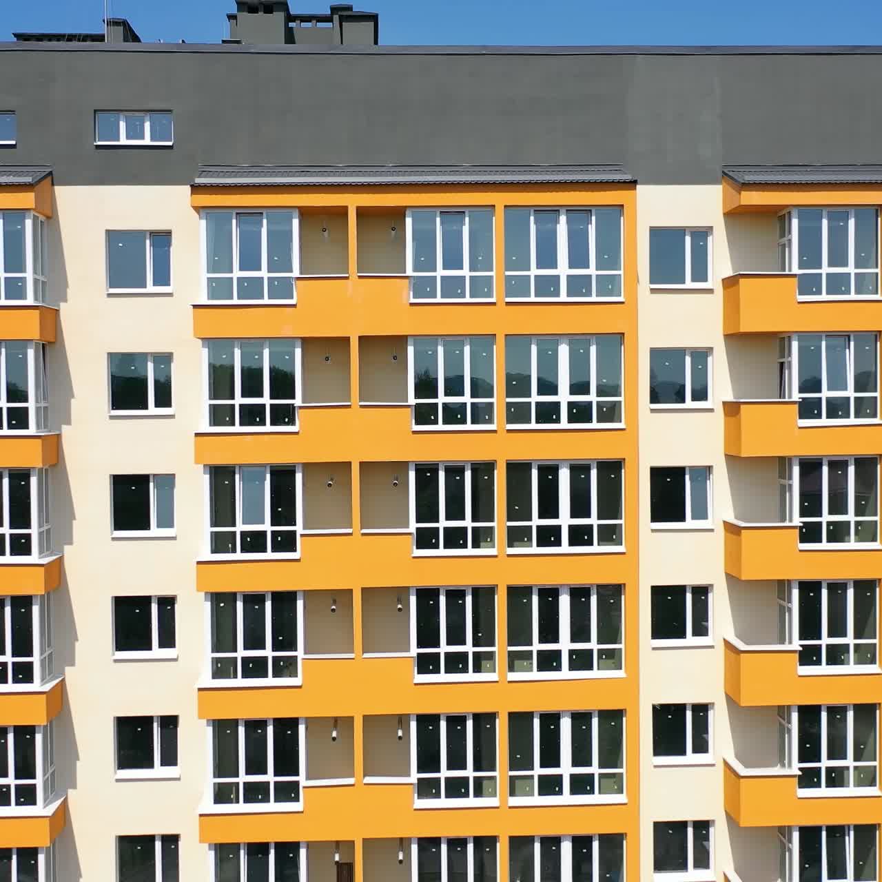 Street of residential area. Drone view of contemporary apartment buildings