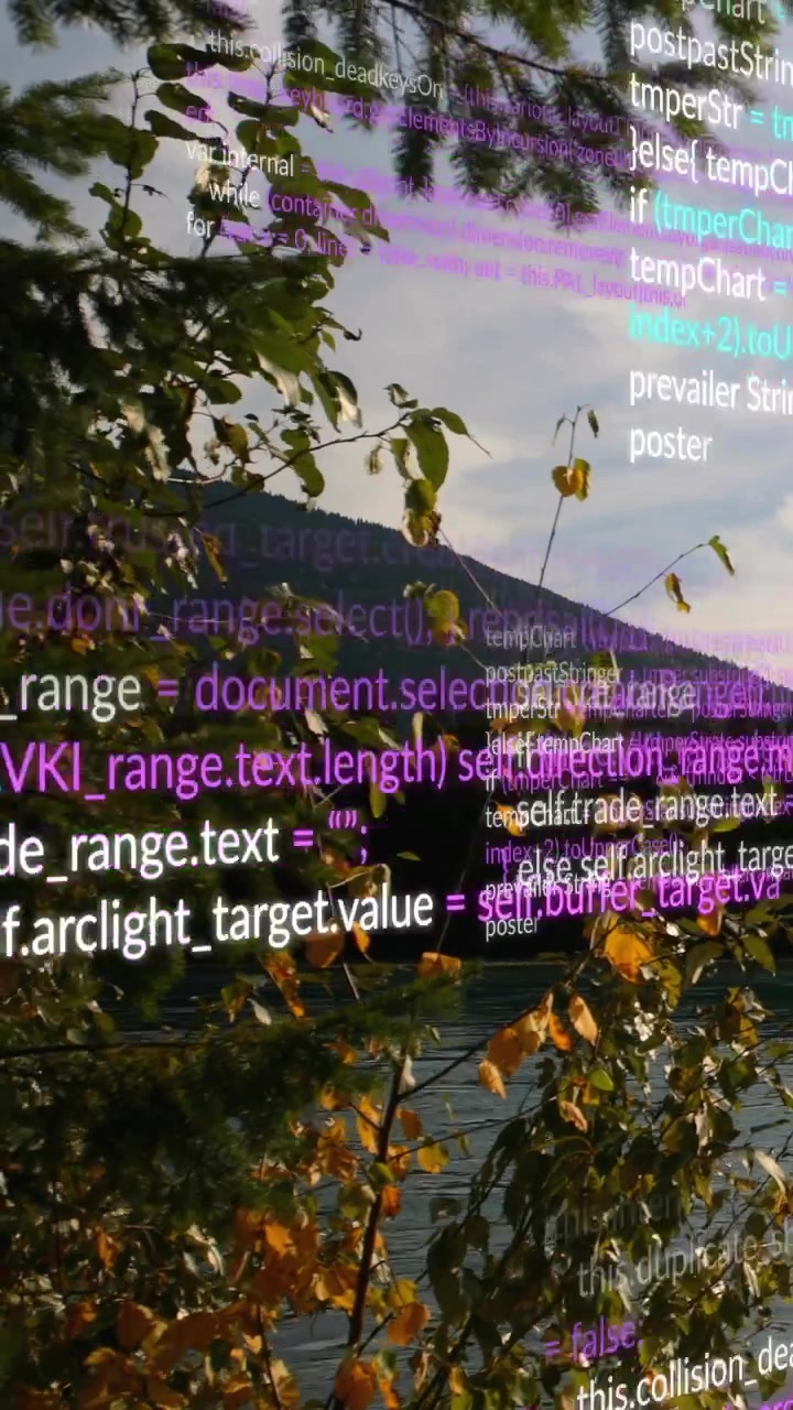 Vertical video: Code appearing shifting right to show overlay branch holding center leaves drifting