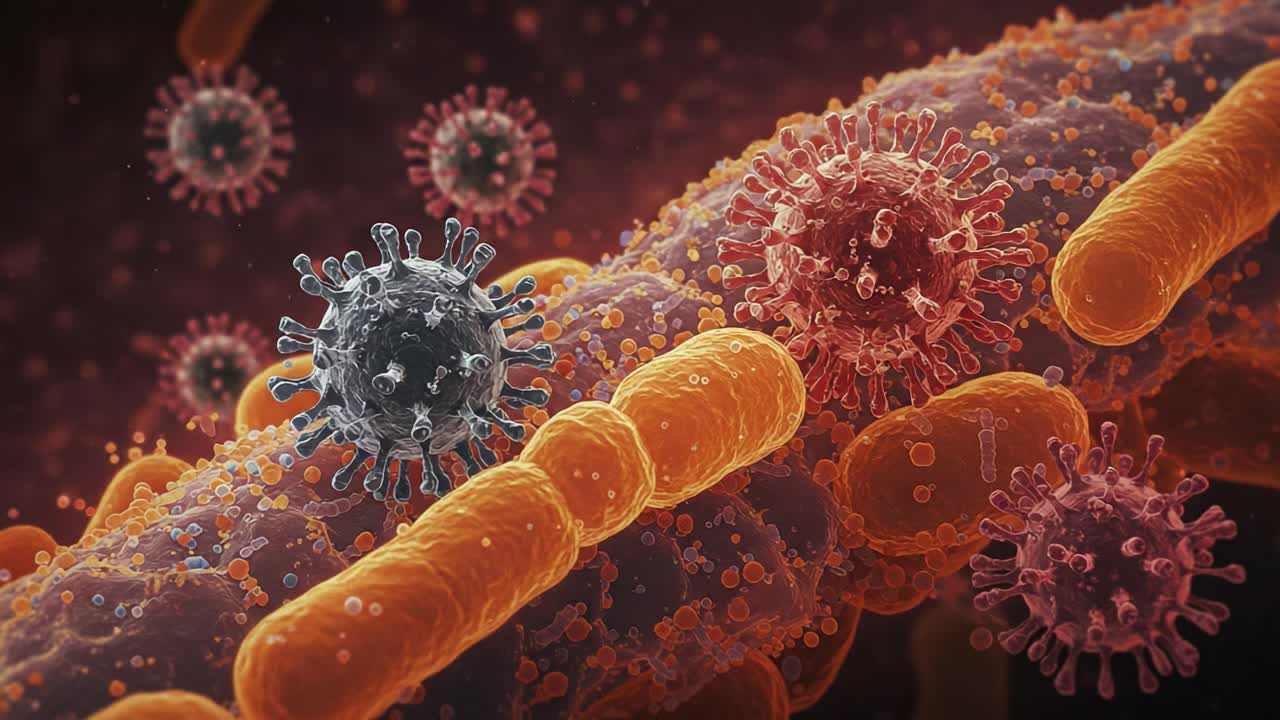 Close-Up Visualization of Viruses Interacting with Bacterial Cells, Highlighting Microscopic Life Forms in a Complex Biological Environment