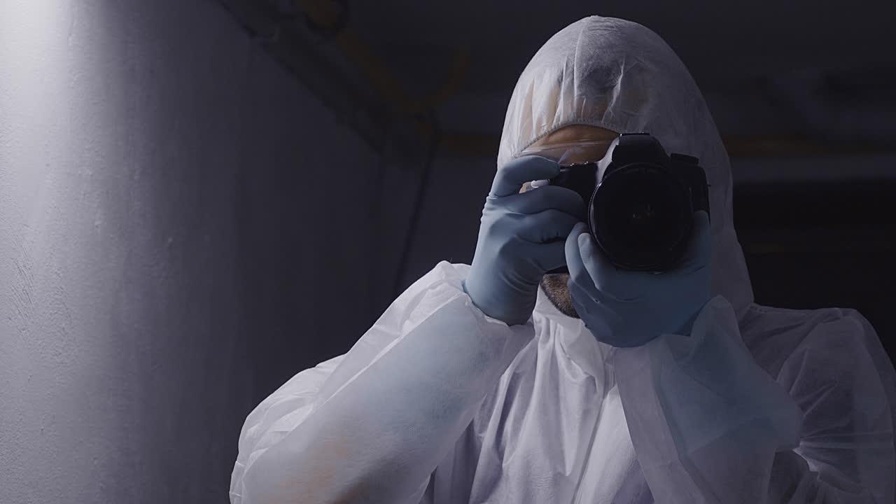 Forensic photographer taking photos, looking into camera, front face middle shot