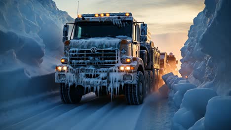 heavy trucks navigating a frozen snow-covered road at dawn