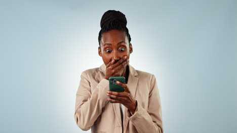 wow, black woman and phone with surprised