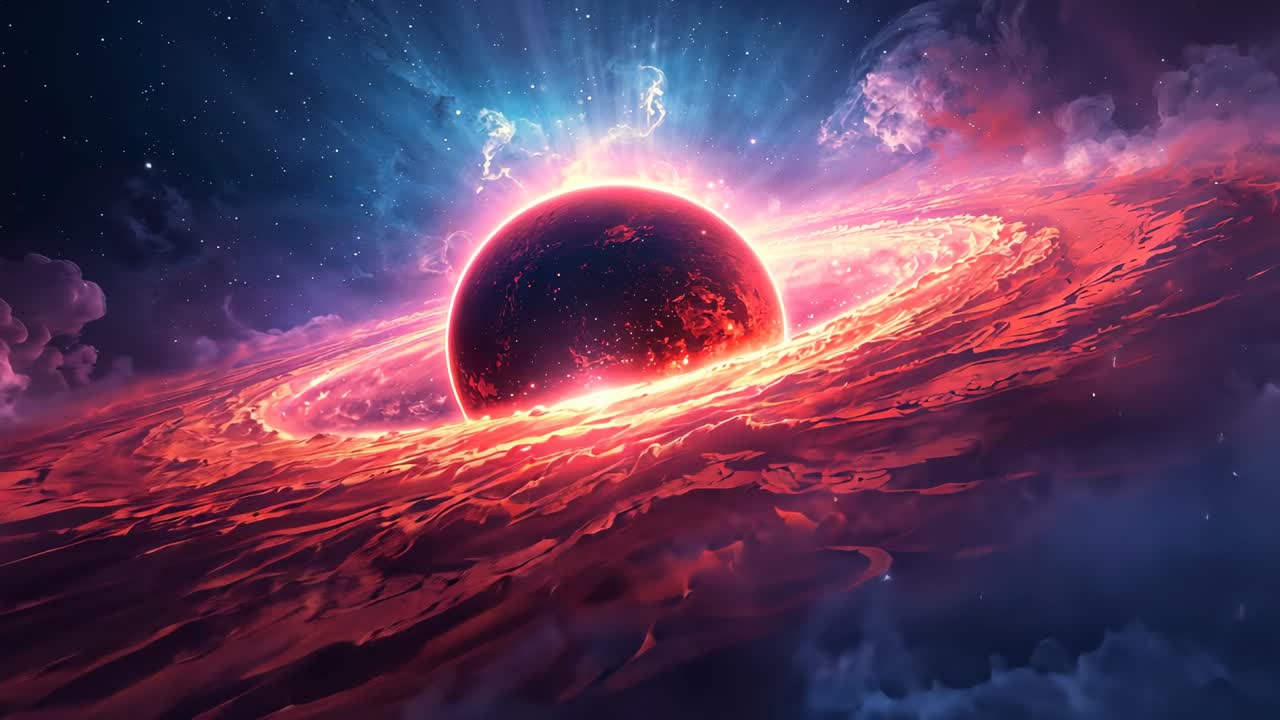 Flickering disk initiating glowing red sphere revolving amid nebula clouds, showcasing energy