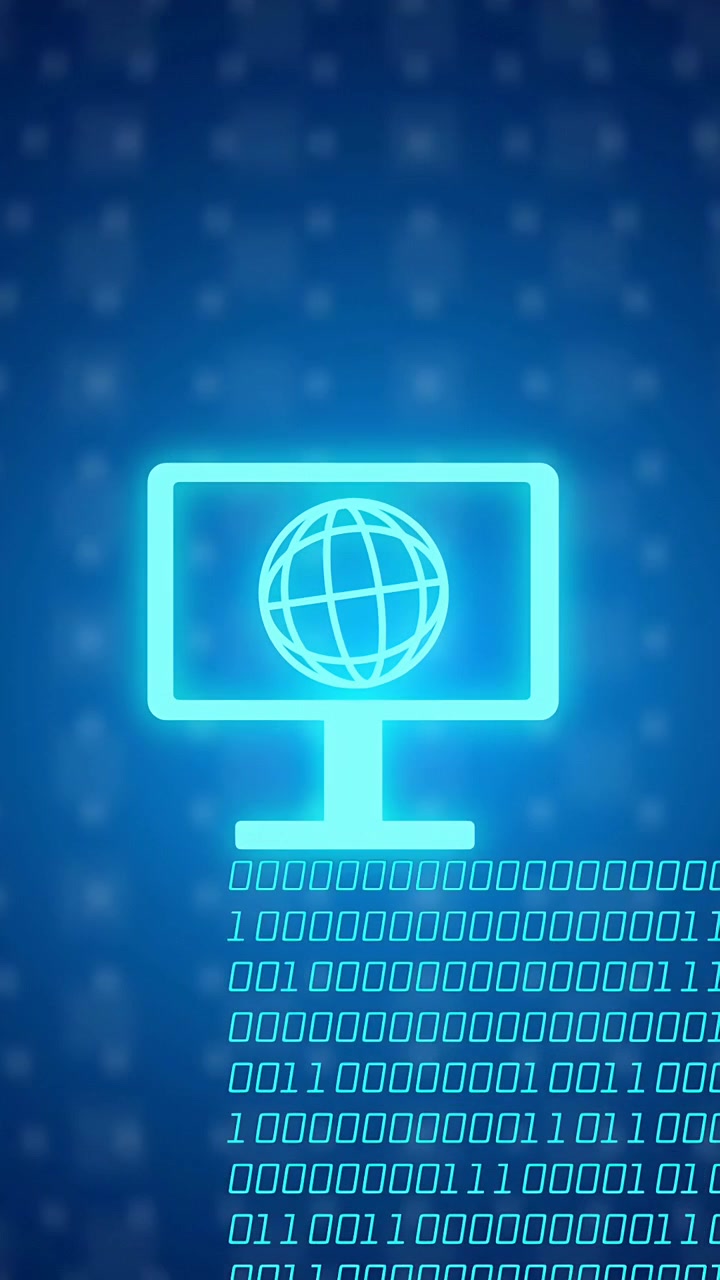 Video verticale: Icona di un monitor a globo ciano neon che emerge, invia flussi binari e mostra il flusso di dati.