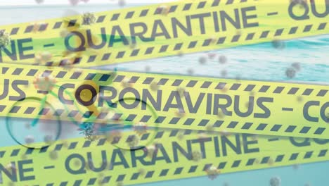 digital composite video of yellow police tapes with quarantine coronavirus text against woman riding