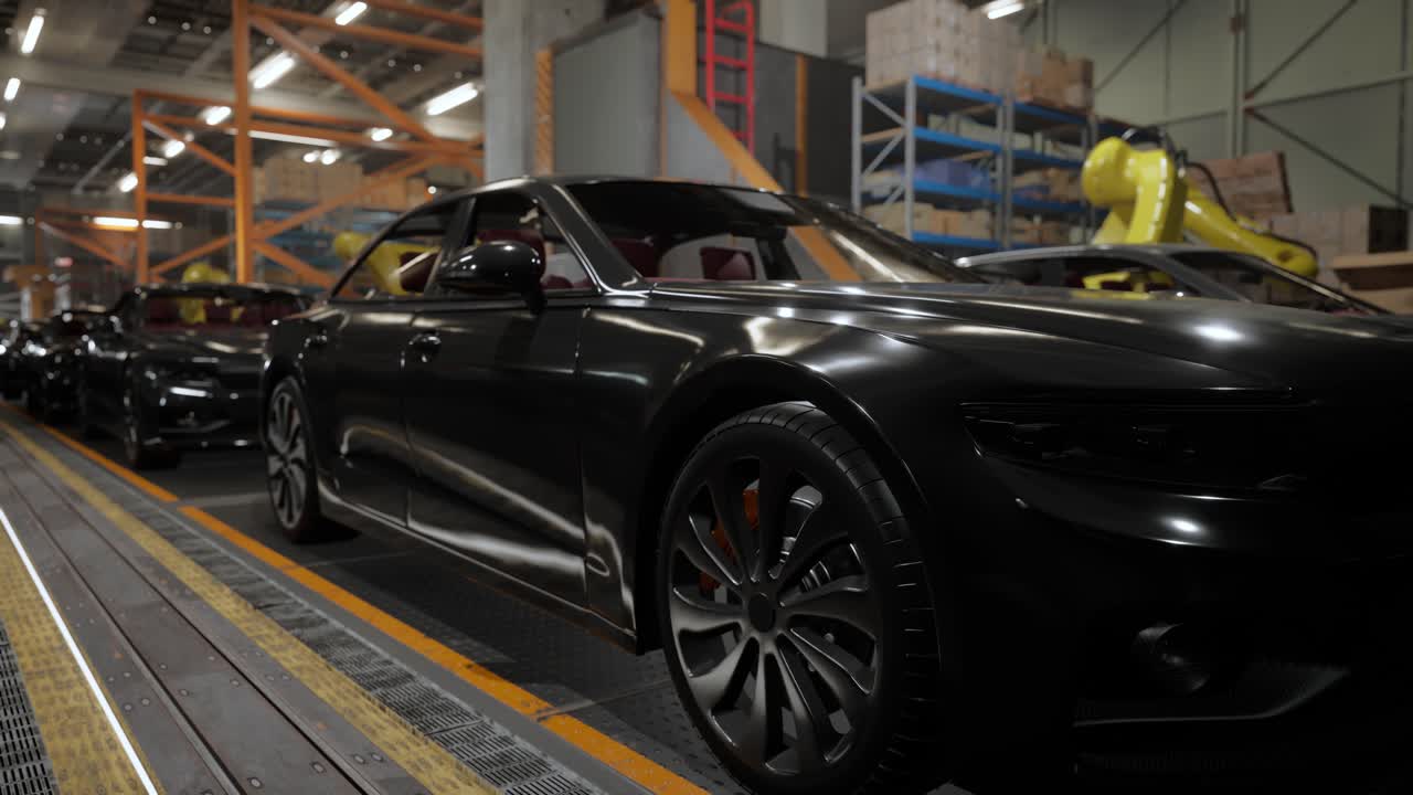 interior de la fábrica de automóviles. carrocería de color negro en una línea de ensamblaje de automóviles planta industrial, fábrica de automóbiles, instalación de fábrica de producción de automóviles