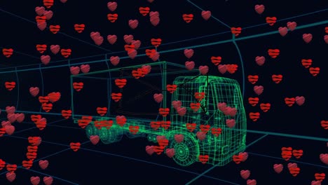 animación de corazones y icono de sobre sobre camión digital en fondo negro