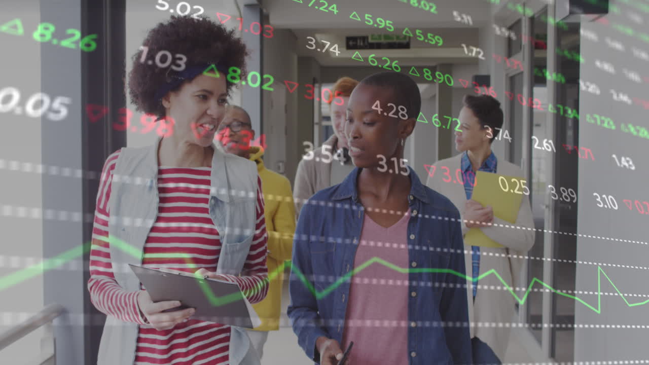 Animation of financial data processing over diverse business people working at office