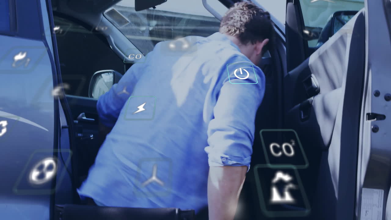 Getting into car, man in blue shirt with animation digital interface overlay
