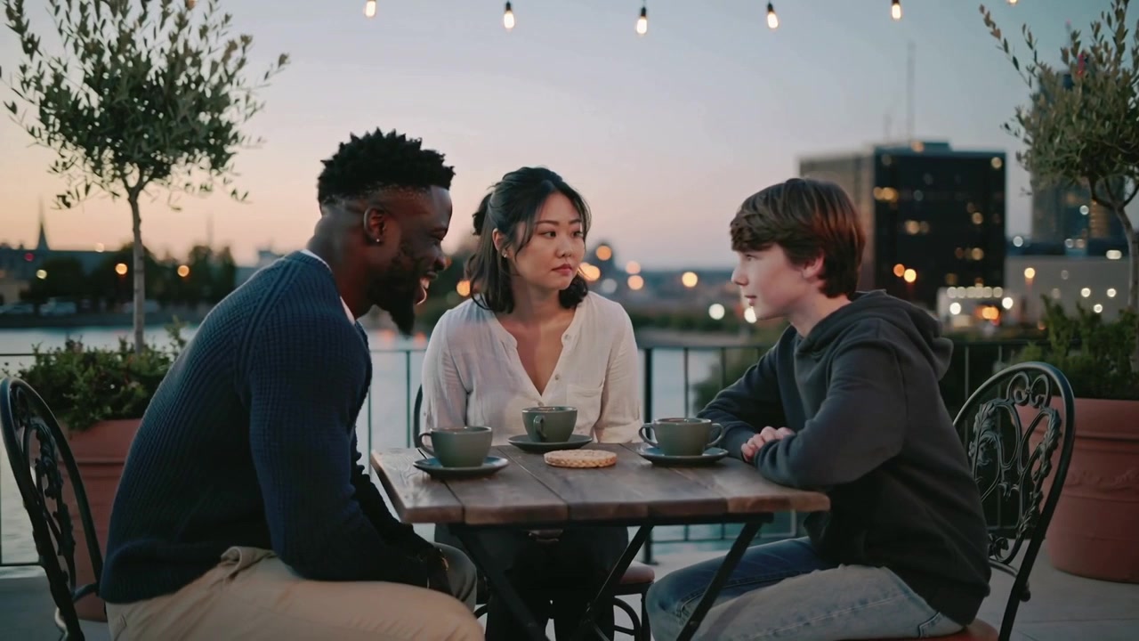 Starting teenage male gesturing, telling story to friends on rooftop with cups, string lights