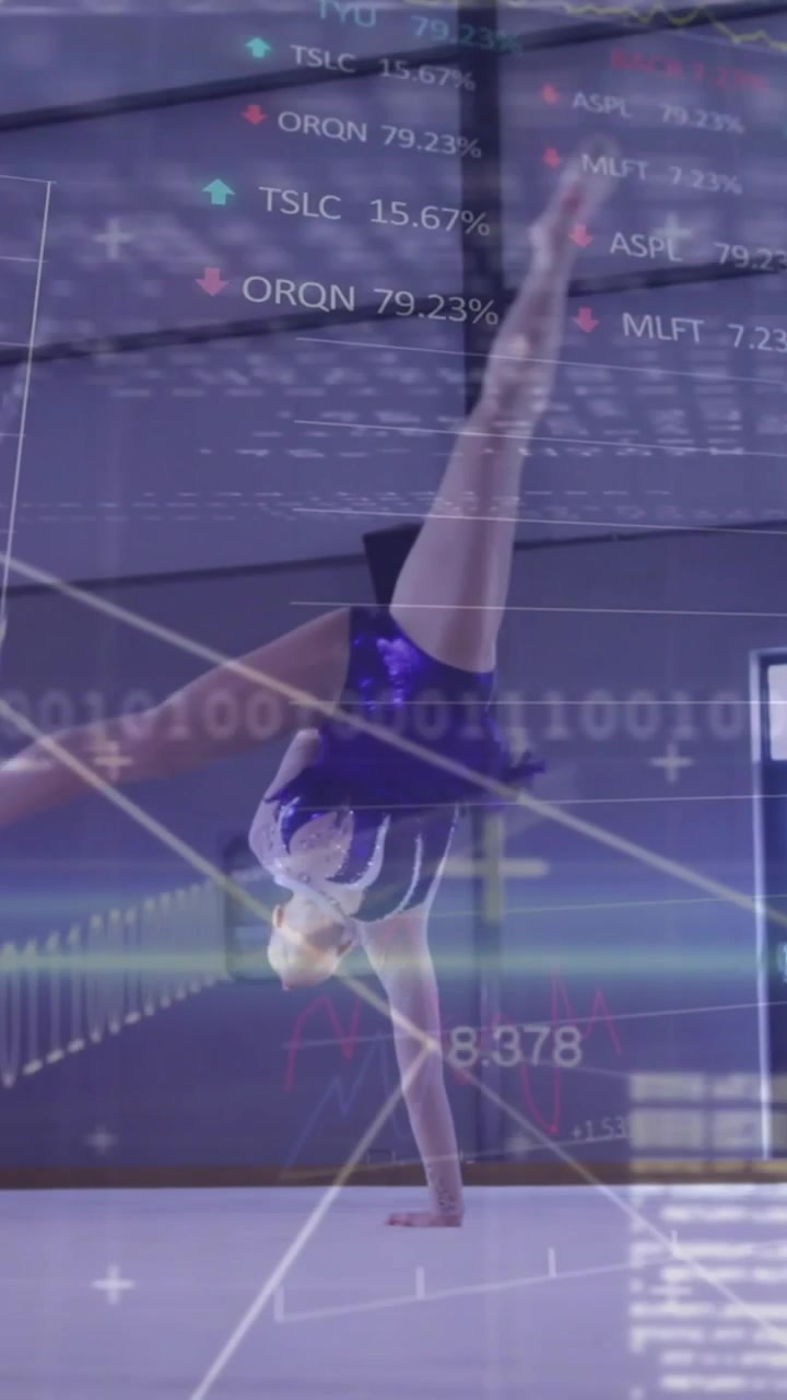 Vertikal video: Gymnast starter pose, går i stående bagoverbøjning, mens sportsdiagrammer sporer.