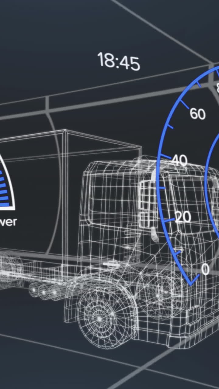 차량 인터페이스에서 스피도미터, gps 및 충전 상태 데이터의 애니메이션, 3d 트럭 모델