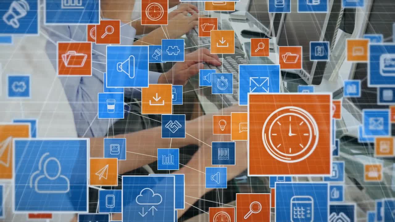 animación de iconos de los medios sobre diversas personas de negocios en la oficina