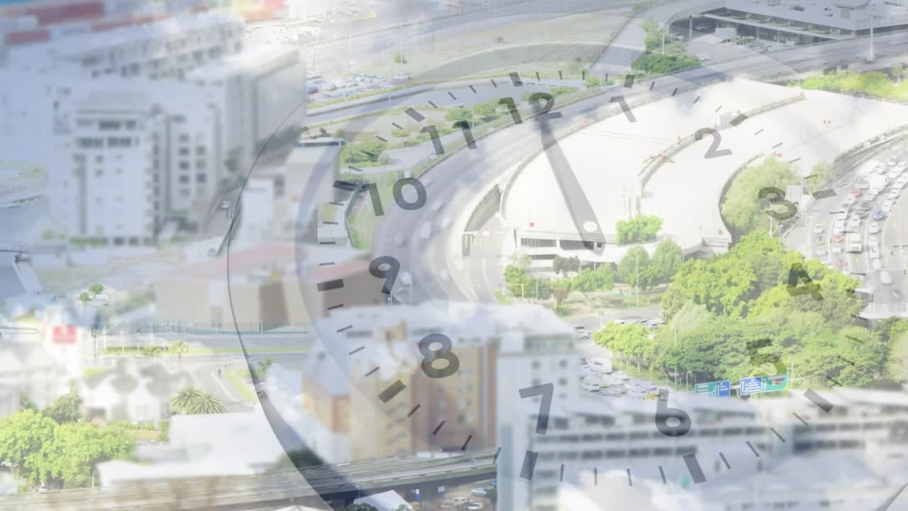 On play translucent clock overlaying highway, hands rotating and cars moving to show time passing