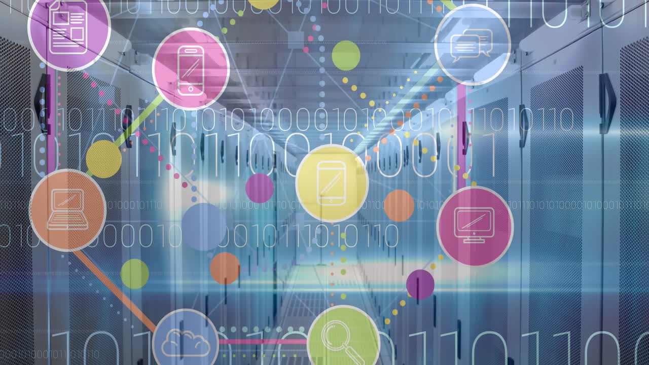 디지털 아이콘의 애니메이션, 백그라운드에서 컴퓨터 서버를 통해 바이너리 코딩