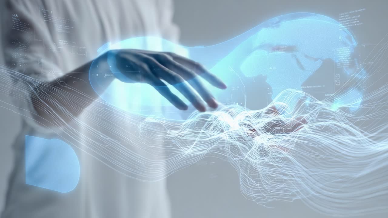 Exploring the Intersection of Human Interaction and Digital Connectivity Through Elegant Hand Movements and Dynamic Light Patterns, Merging Technology with Artistic Expression in a Visual Spectacle