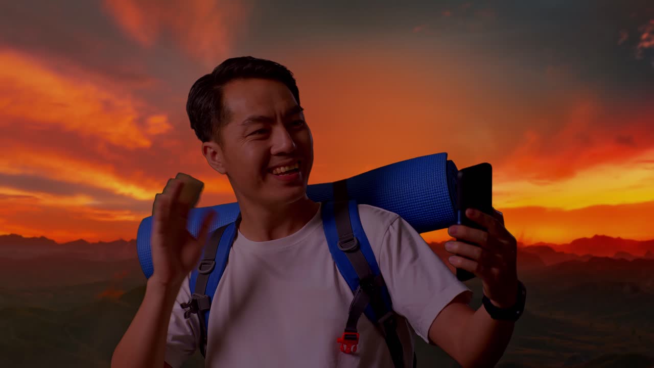 viajero feliz tomando una selfie al amanecer o al atardecer en las montañas