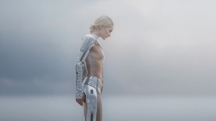 Tilting cyborg as frames moving at mist sea showing sheer suit and metal arm looking down