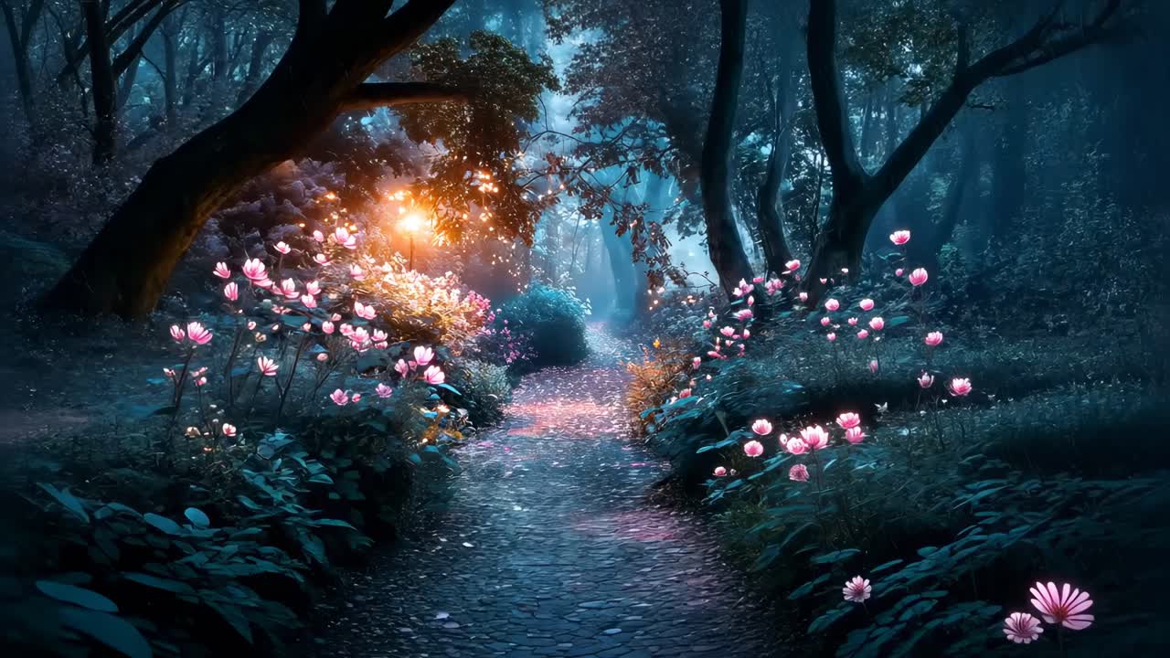 Enchanted forest path with glowing flowers, captured in a cinematic video style