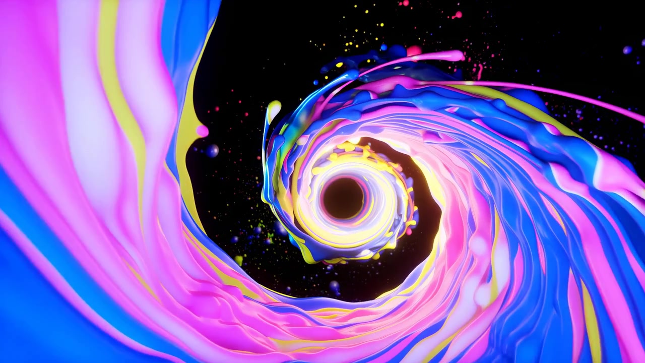 A bright neon vortex forms a circular glowing tunnel in a dark scene while colorful light ribbons and sparkling particles drift