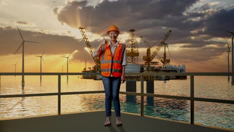 full body of asian female engineer with safety helmet smiling and showing thumbs up gesture to the camera while standing with hydrogen production