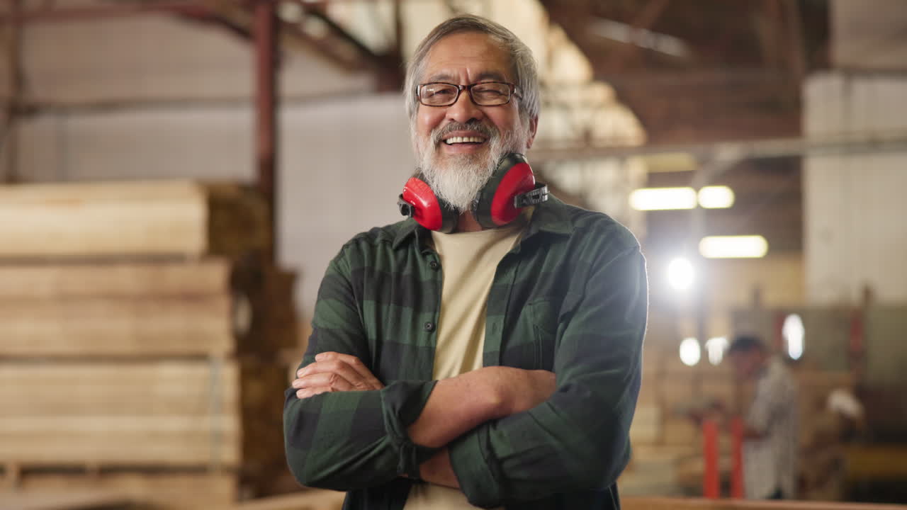 Portrait of a smiling carpenter in his workshop
