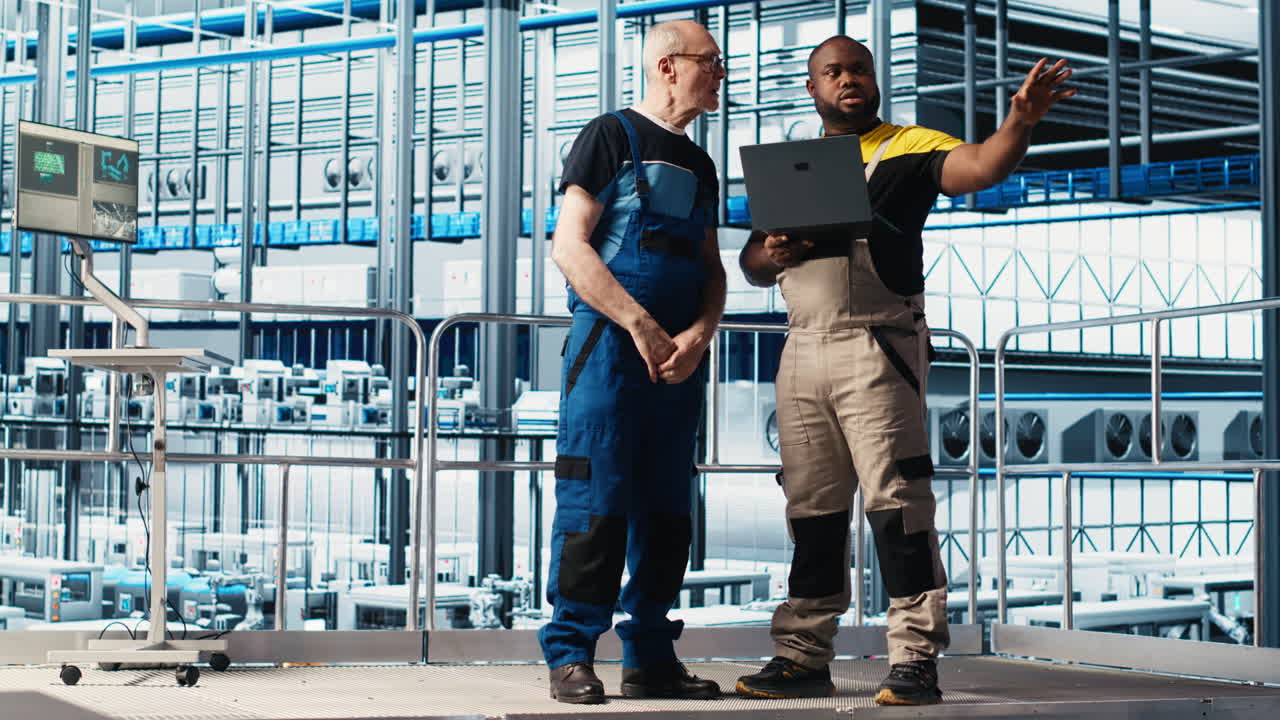 Senior engineer talks with intern in smart factory, helping trainee use software