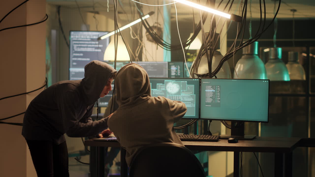 Hackers working on computers in a dark room