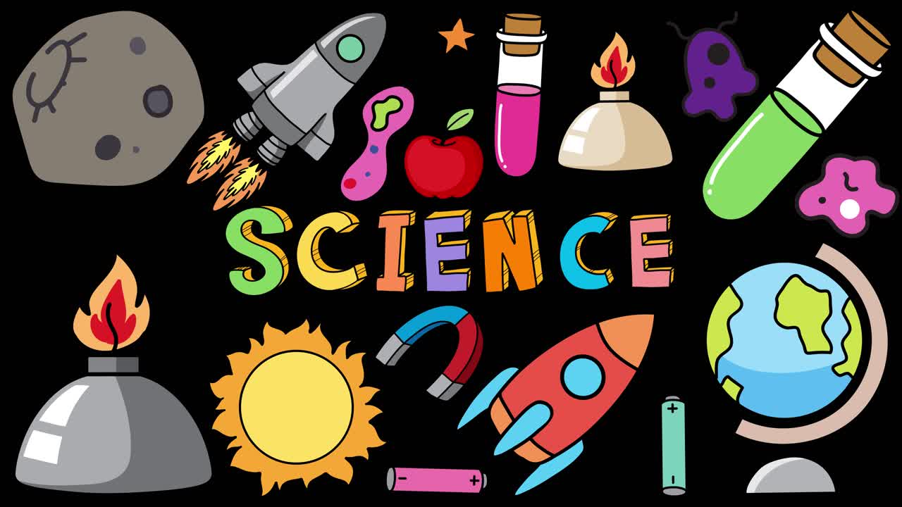 Colorful science-themed icons and playful text animate onto a black background, gradually filling the frame with laboratory, space, and earth elements in a seamless loop