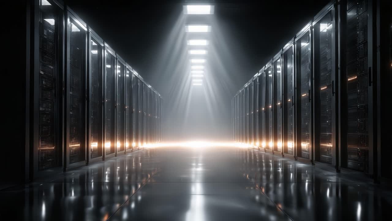 A Serene Data Center Environment: Illuminated Aisles Between High-Tech Server Racks Showcasing Modern Infrastructure and Cutting-Edge Technology