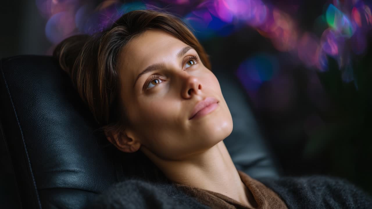 Een rustig moment: Een vrouw die ontspant in een liggende positie met zachte belichting en een kleurrijke bokeh-achtergrond, die rust en sereniteit oproept