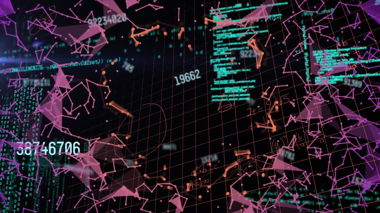 아이콘과 통합 회로를 통해 데이터 처리를 가진 연결 네트워크의 애니메이션