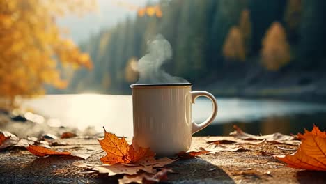 warm autumn scene with a steaming mug on a stone ledge, surrounded by fallen leaves