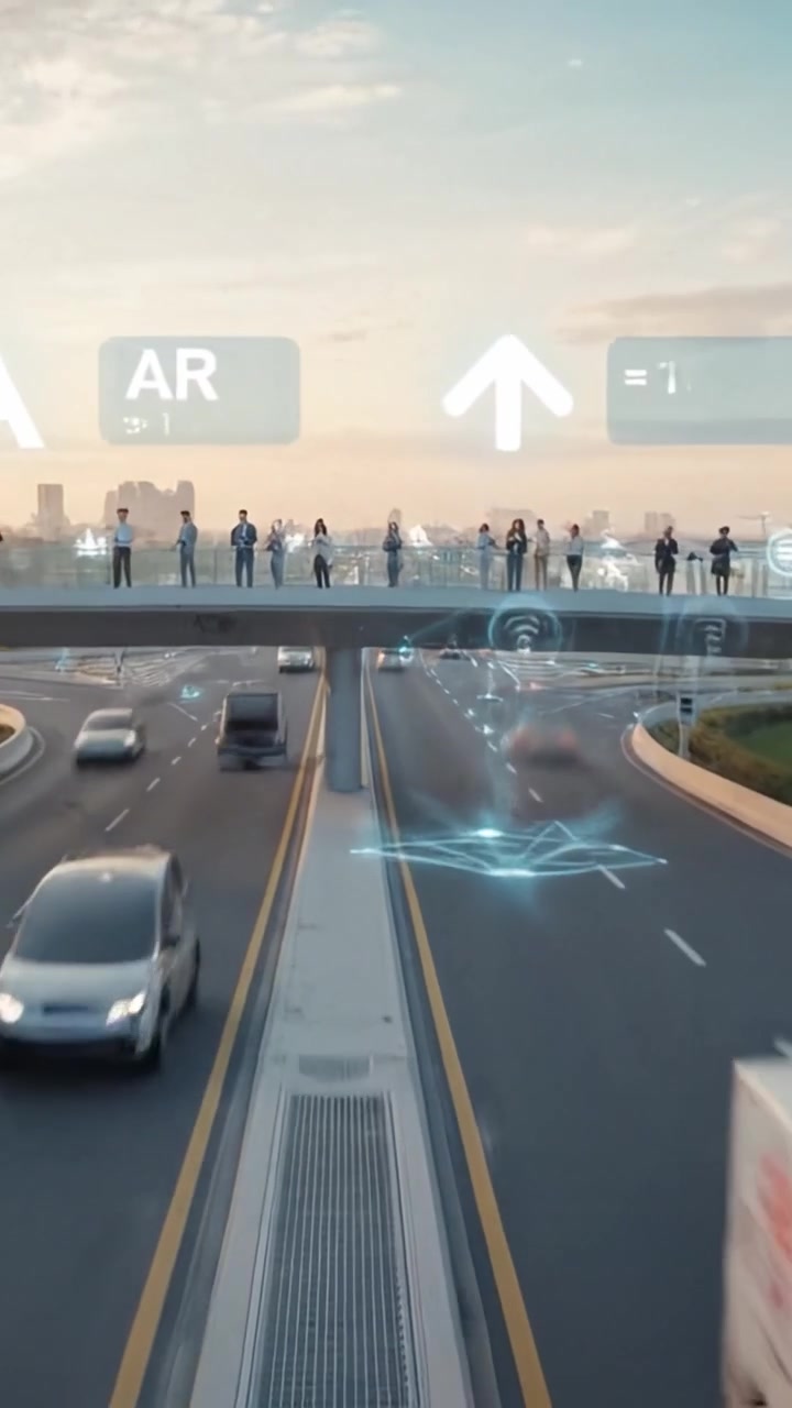 Futuristic Urban Landscape Showcasing Smart Transportation with Autonomous Vehicles and Dynamic Communication Systems on a Busy City Highway