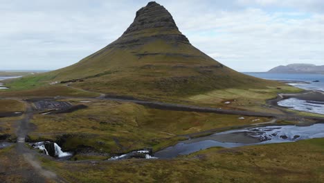 drone shot of kirkjufell mountain in iceland