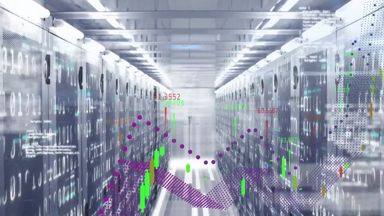 Animation of financial data processing, binary coding, mosaic squares against computer server room