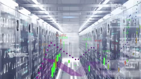animación del procesamiento de datos financieros, codificación binaria, cuadrados de mosaico contra la sala de servidores de computadoras