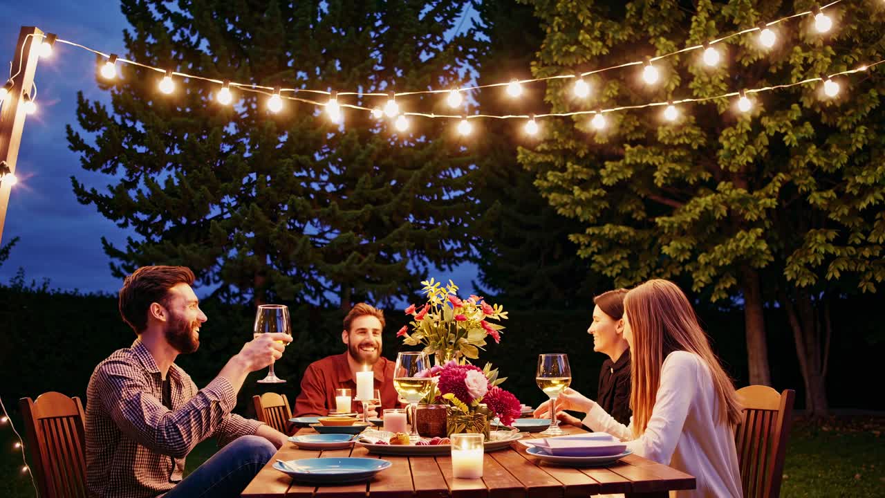 Outdoor dinner party under string lights, shot from a first-person angle, capturing a toast