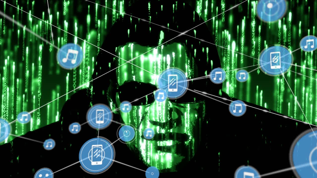 인간 실루을 통해 아이콘과 데이터 처리를 가진 연결 네트워크의 애니메이션