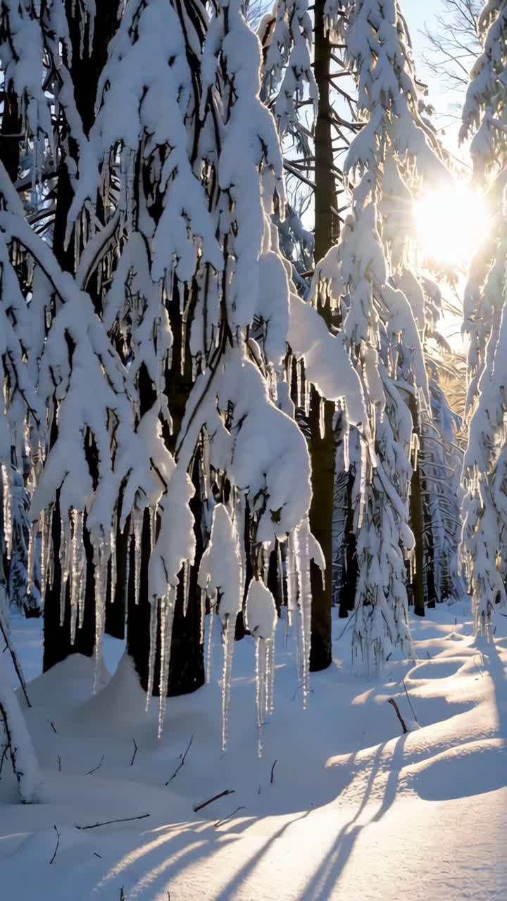 Snødekt skog med istapper og sollys