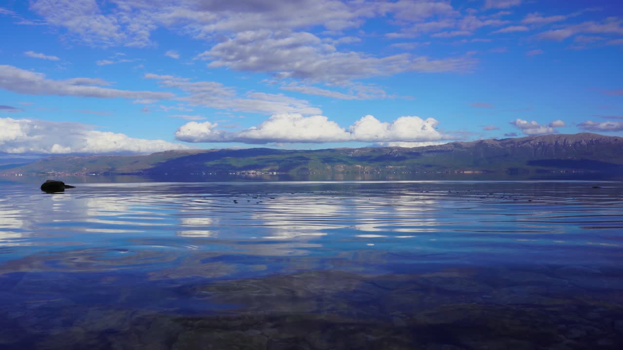 panorama del lago con aguas limpias y tranquilas que reflejan hermosas nubes en el cielo azul